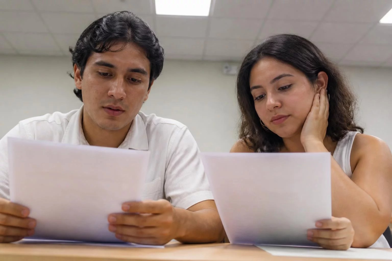 Hojas de argumento impresas, leídas por dos personas