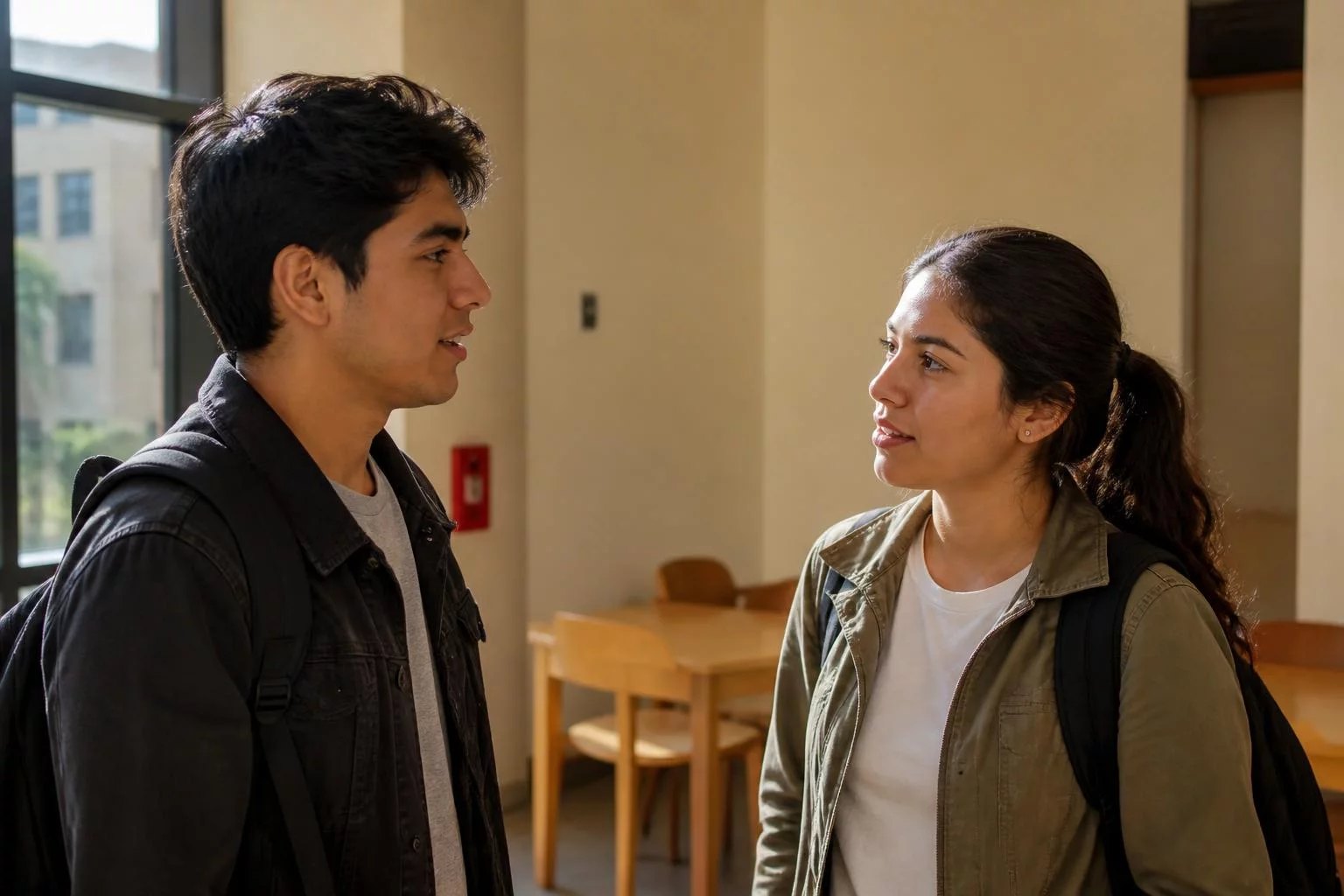 Pasillo de la universidad, con dos estudiantes conversando