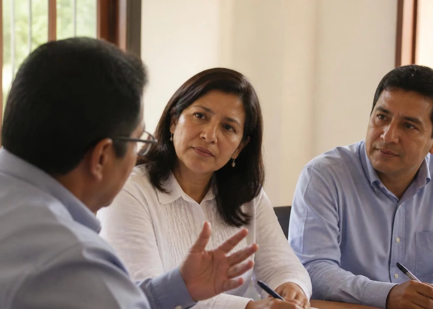 Tres profesionales reunidos, uno sostiene su punto ante los demás