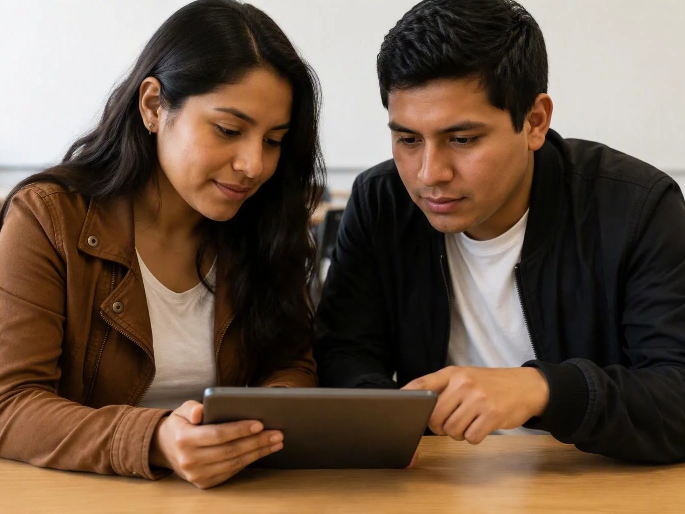 Una tablet con apuntes, leída por dos participantes