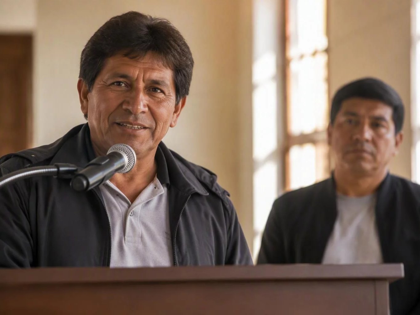 El atril con su micrófono, listo antes de la ronda